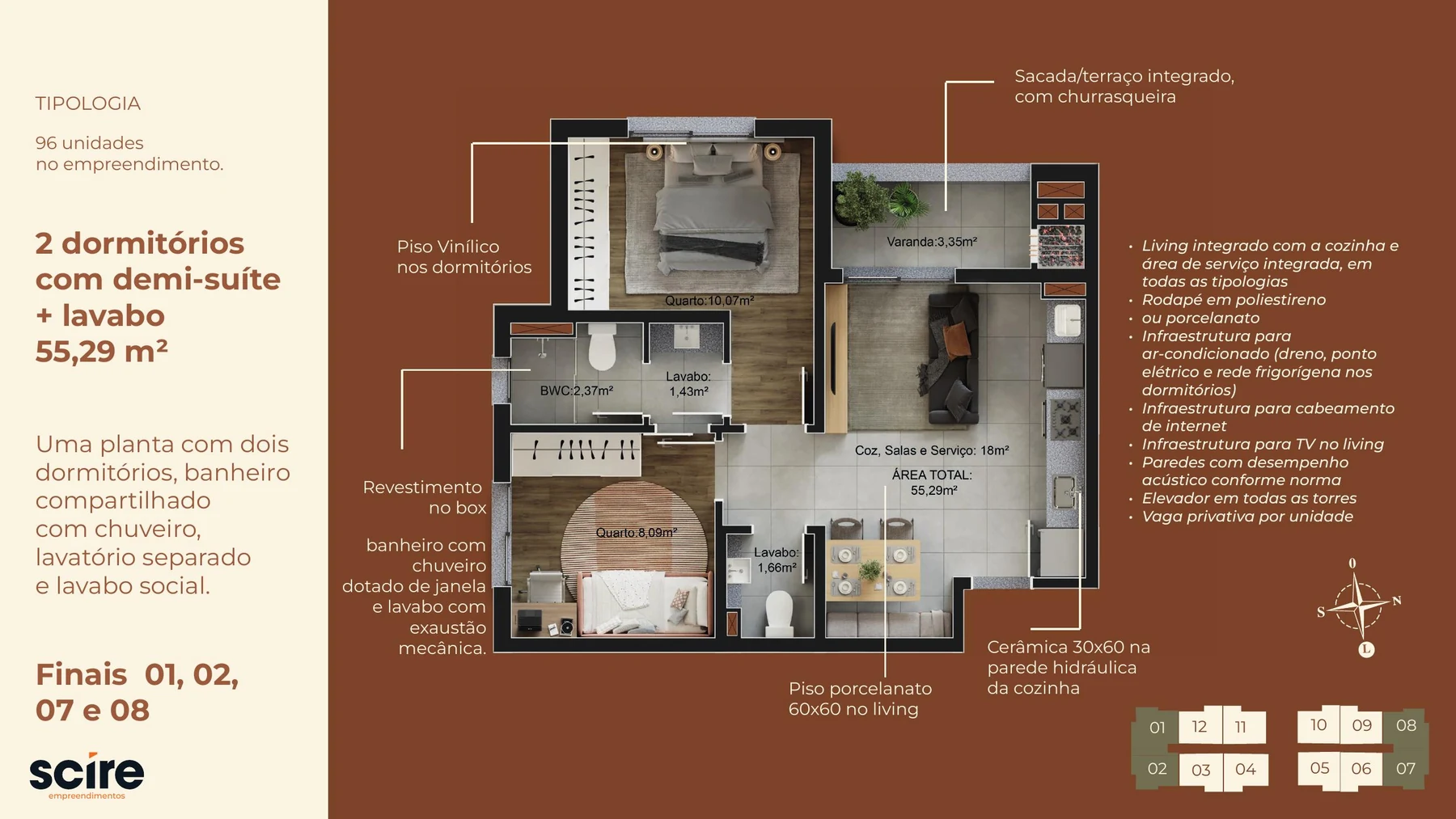 Planta com 2 demi-suítes e lavabo, 55,29 m²